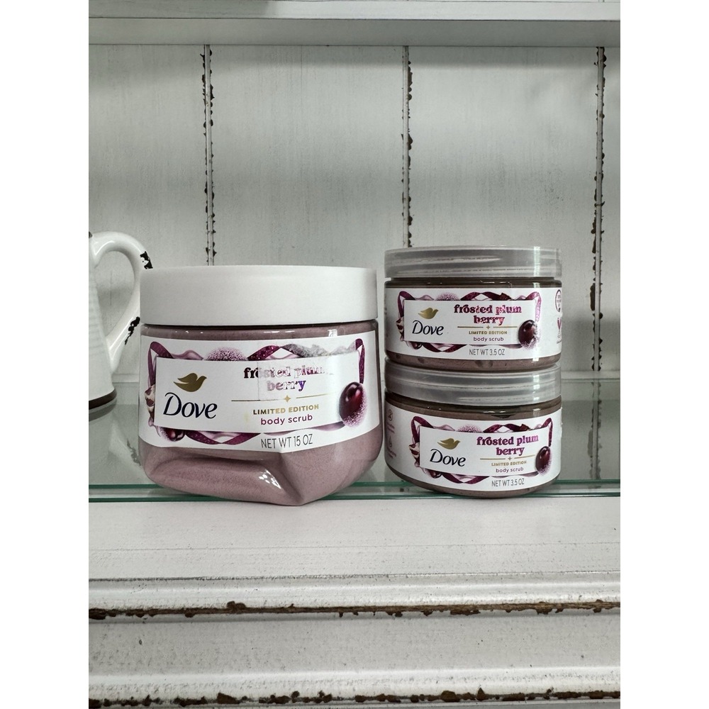 Dove Frosted Plum Berry Body Scrub Set 15 oz + (2) 3.5 oz Travel Size Limited